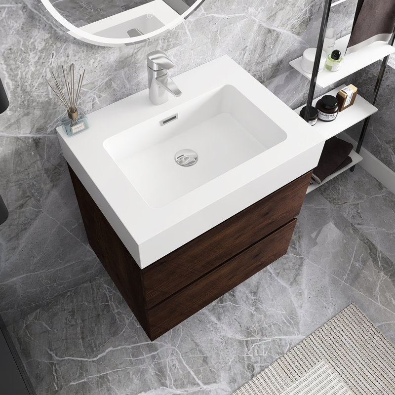 24 po Meuble-lavabo mural simple avec plateau en résine blanche, Noyer