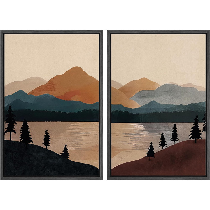 «Mid-Century Modern Brown Mountain Lake Landscape Decor», art mural, impression sur toile, 2 pièces, Cadre noir