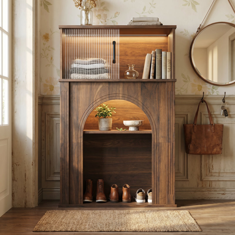 Wood Grain Entryway  1 Person Shoe Cabinet With LED Lights, 2-Tier Storage Console With Fluted Glass Doors For Small Spaces