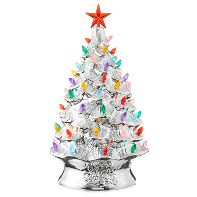 24" Hand Painted Ceramic Christmas Tree, Pre-Lit Tree with Star