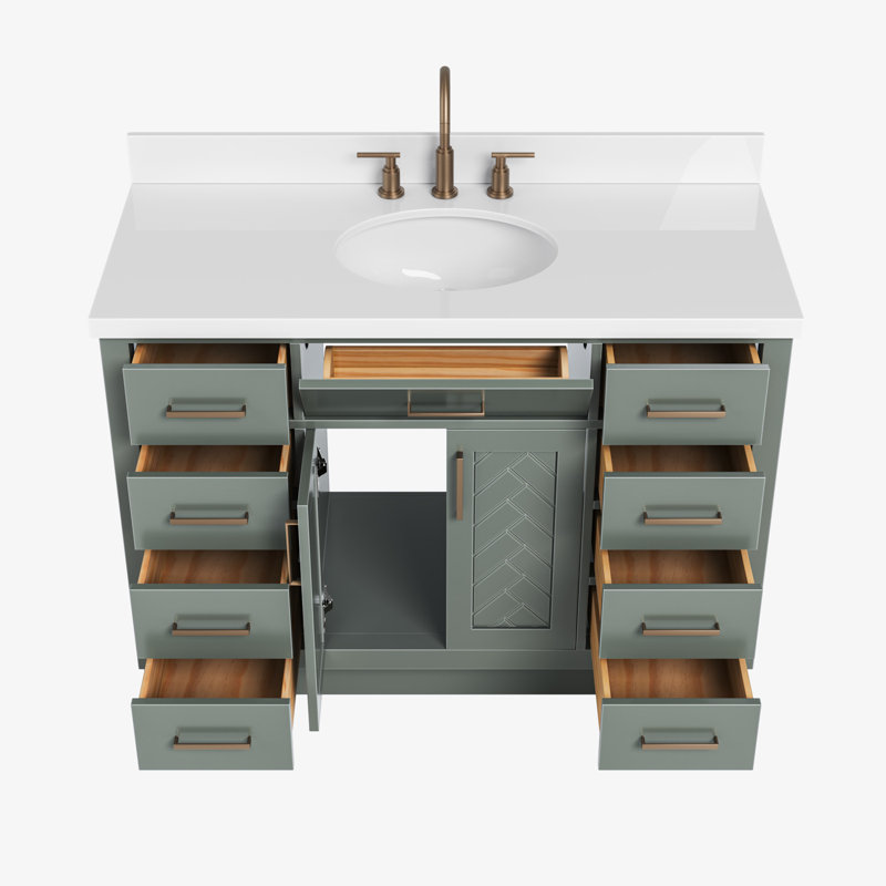 Ensemble de meuble-lavabo simple en bois massif 48 po avec lavabo en quartz blanc 1,5 po Tidworth, Ovale, Vert rétro