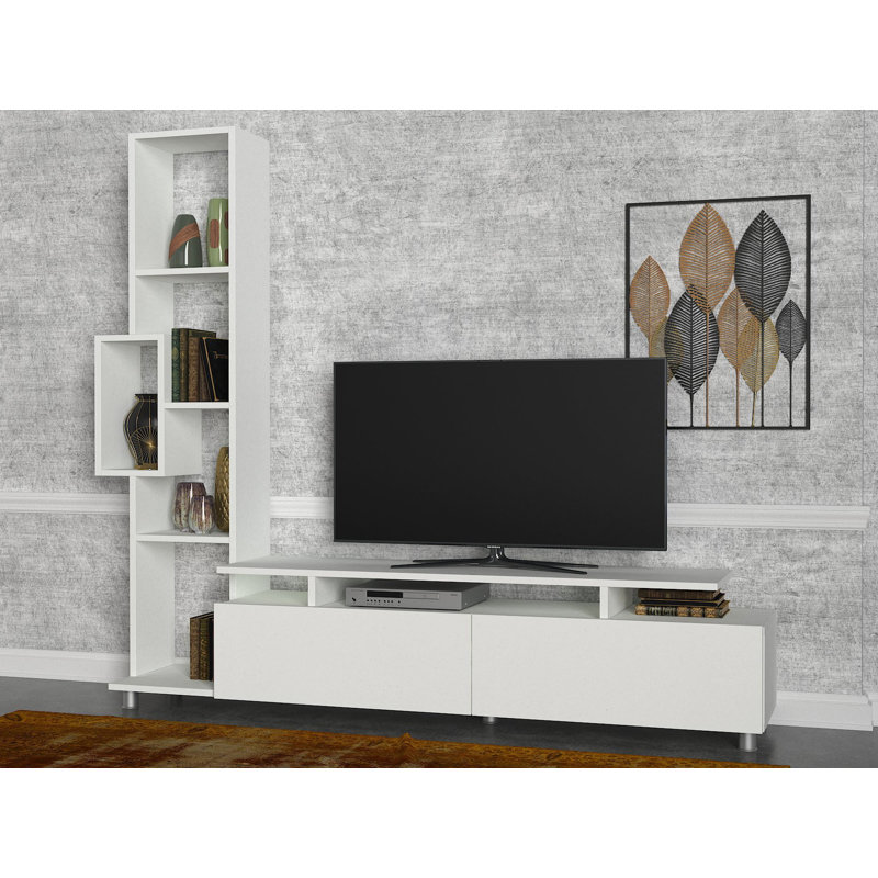 Modern White TV Unit with Bookshelf, 100% Melamine Coated Particle Board, 63.0 x 65.6 x 11.6 inches | Wall-Mountable, Multiple Shelves, Stylish Storage Solution for Living Room & Entertainment Spaces