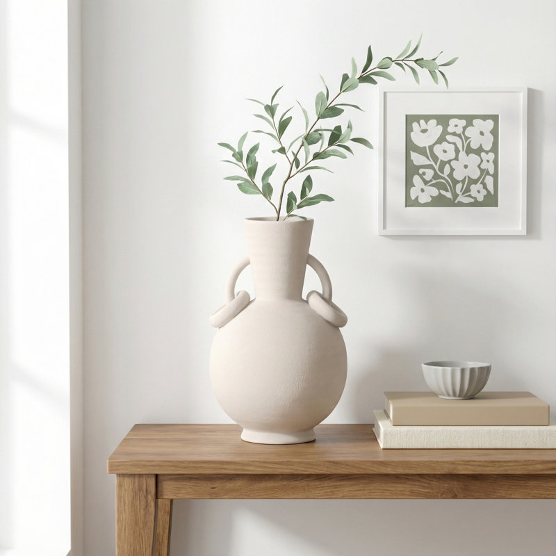 Ceramic Textured Decorative Vase with Ring Handles, Cream