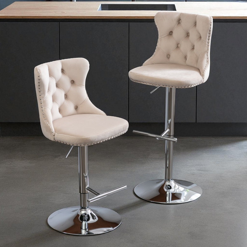Tabouret de bar pivotant à hauteur réglable Zager, Argent, Beige, 2