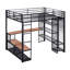 Lit mezzanine en métal avec rangement en fer et tablettes en MDF et garde-robe ouverte