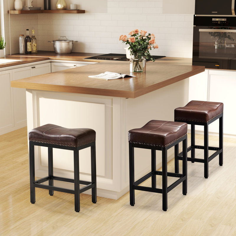 24” Counter Height Bar Stools, Kitchen Counter Saddle Barstools For Pub, Bar, Dining Room, Brown, 2