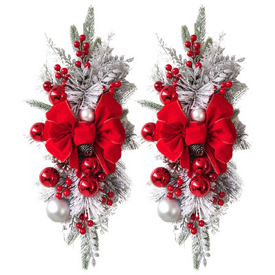 2 guirlandes artificielles de Noël, 24 po de Noël, la guirlande d'escalier pré-éclairée en forme de larme, porte, guirlande, escalier, guirlande de Noël pour la décoration de jardin extérieur (ruban rouge)