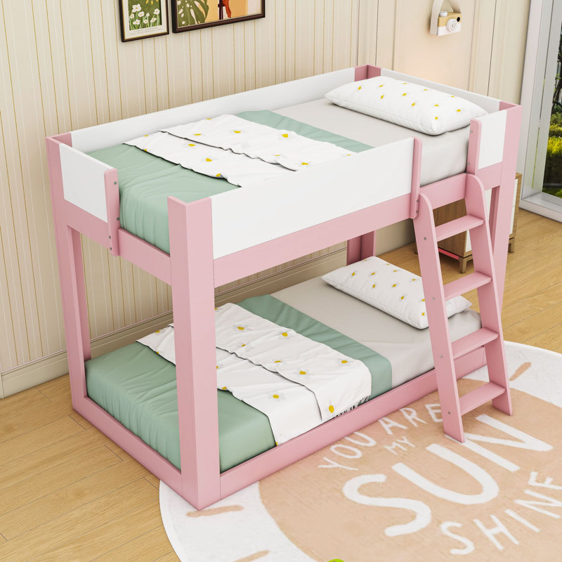 Lit superposé avec échelle réversible, barrières de sécurité et sommier à lattes en bois, Simple sur simple, Rose