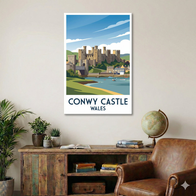 Conwy Castle, Wales - Romantic Coastal Travel Poster, Historic Welsh Fortress Print. Giclee Print On Wrapped Canvas. Wall Art, Home Decor - Castles & Palaces, Wales - Wrapped Canvas Print