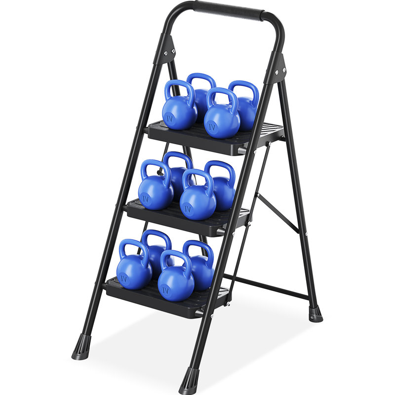 3 Step Ladder, Sturdy Steel Portable Ladder with Anti-Slip Wide Pedals, Folding Step Stool,Library Ladder,Decorative Kitchen Step Ladder