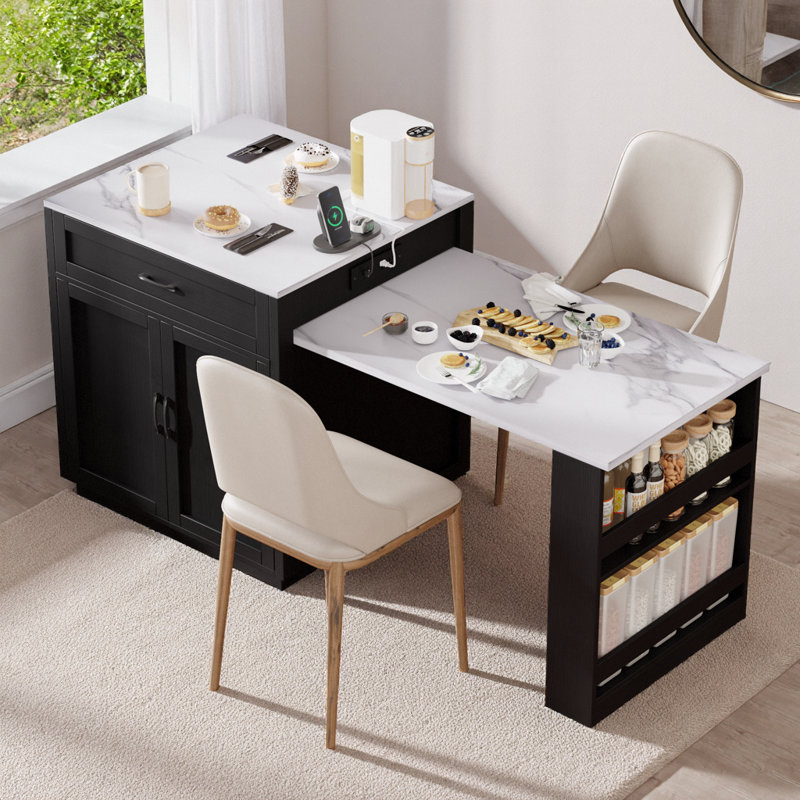 82.7" Kitchen Island with Extendable Dining Table for 4-6 People, Faux Marble Top, Double-Sized Storage, Power Outlet, Black