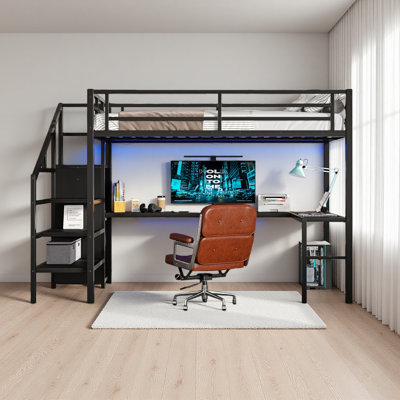 Lit mezzanine double avec bureau en L et port USB, lit mezzanine en métal avec garde-robe et tablette réglable, lit mezzanine haut avec DEL pour enfants, adolescents, adultes