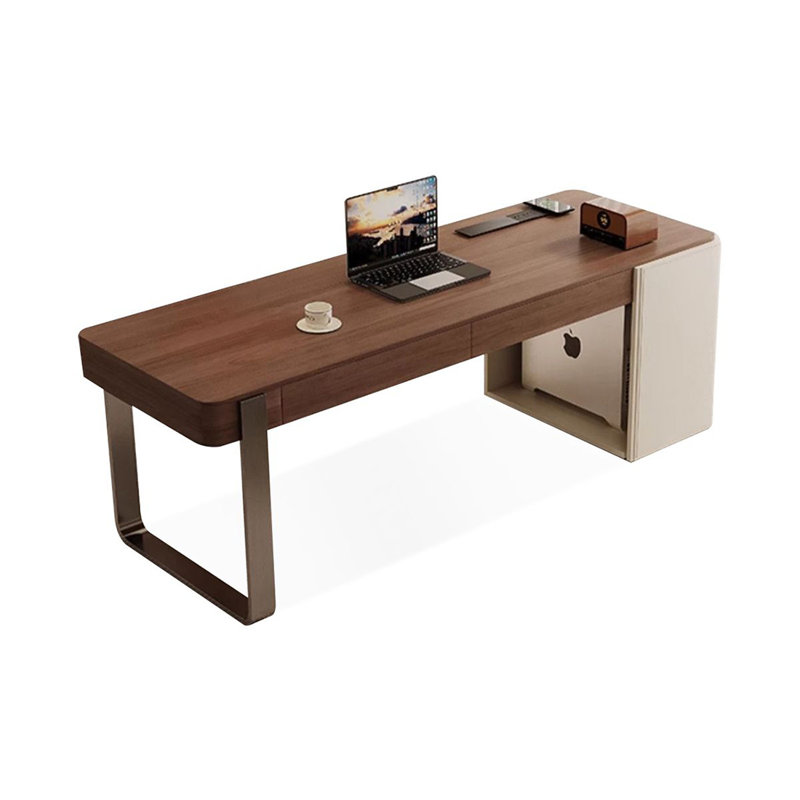Bureau rectangulaire à 2 tiroirs en bois manufacturé brun noisette + barenia + acier inoxydable, Retour à droite