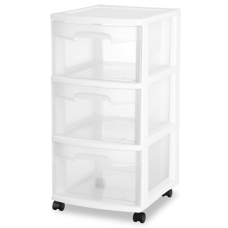 Sterilite 3 Drawer Storage Cart, Rolling Cart with Wheels to Organize Clothes in Bedroom, Closet