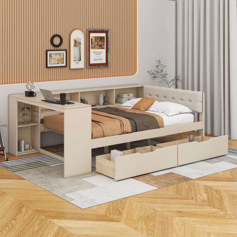 Lit plateforme avec tablettes de rangement, tiroirs, station de charge et tête de lit tapissier, Double, Crème