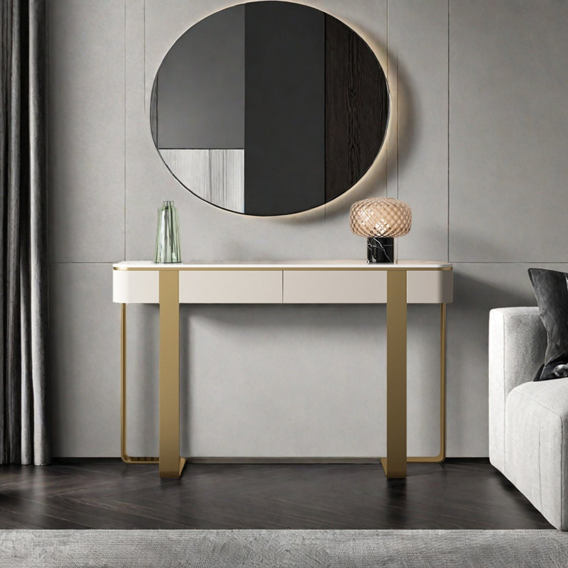 Console moderne de luxe moderne, Or champagne, H 33,46 po x l 54,33 po x P 13,78 po, Blanc