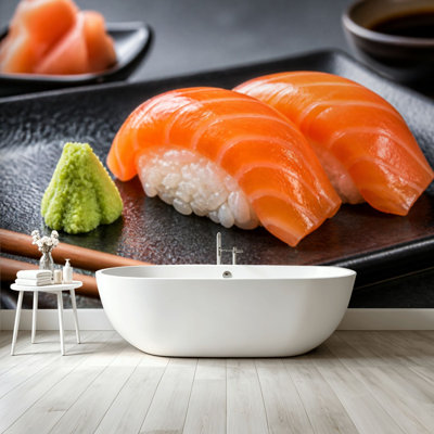 Peel and Stick Wallpaper Wall Mural Delicious Japanese cuisine nigiri sushi salmon served Wall Art Self Adhesive and Removable