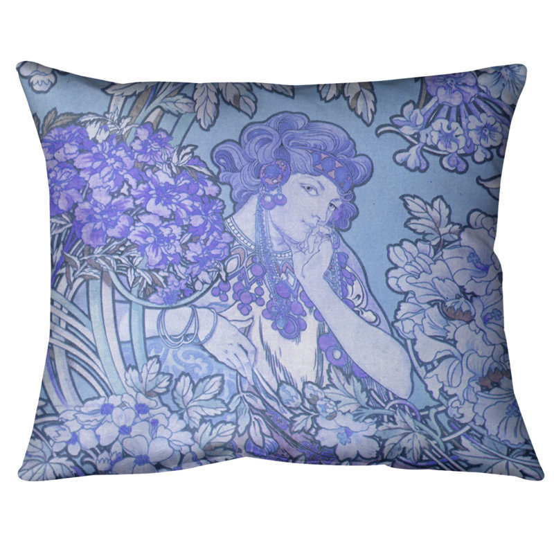 Coussin lombaire à fleurs alphonse mucha, Duvet synthétique, 14 po x 10 po, Bleu