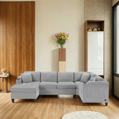 Canapé modulaire moderne en forme de U avec porte-gobelets, compartiments de rangement et ports USB intégrés