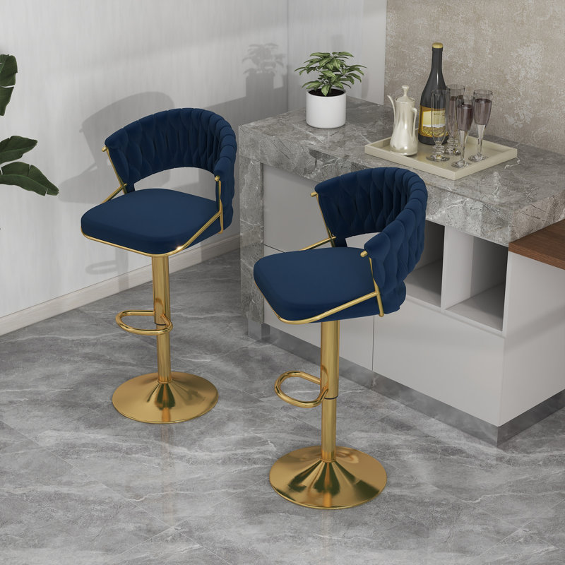Christal Height Adjustable Swivel Bar Stool, Gold, Navy Blue