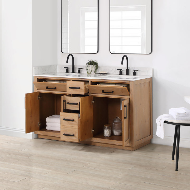 Ensemble de meuble-lavabo double 60 po Gavino, Brun pâle, Noir mat