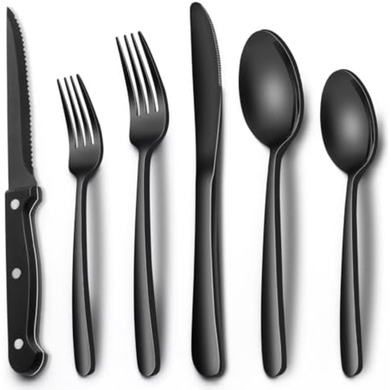 24-Piece Black Silverware Set With Steak Knives, Black Flatware Set For 4, Food-Grade Stainless Steel Tableware Cutlery Set, Mirror Finished Utensil Sets For Home Restaurant, Heavy Duty