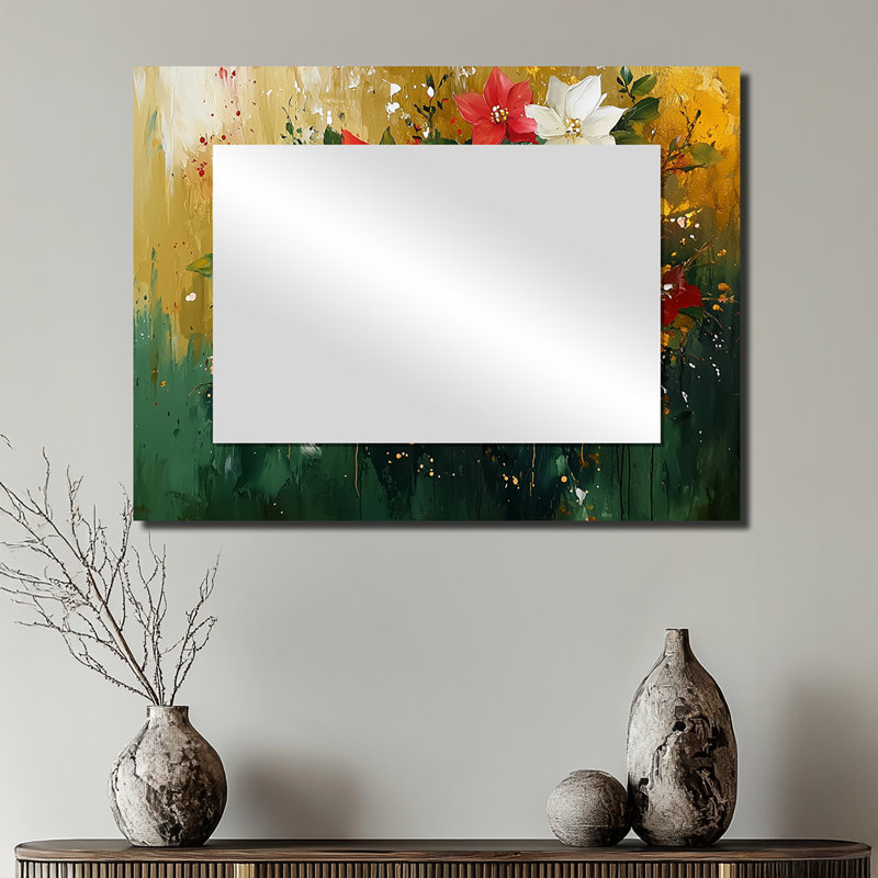 Été, couronne dorée de poinsettias II - Art mural miroir floral - imprimé sur métal, 24 po x 32 po