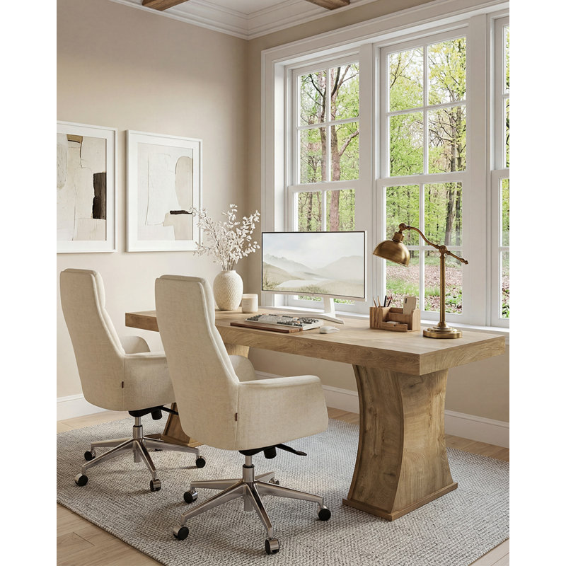 Bureau d'ordinateur 79 "en bois, bureau de direction de ferme avec base à piédestal incurvé, brun naturel