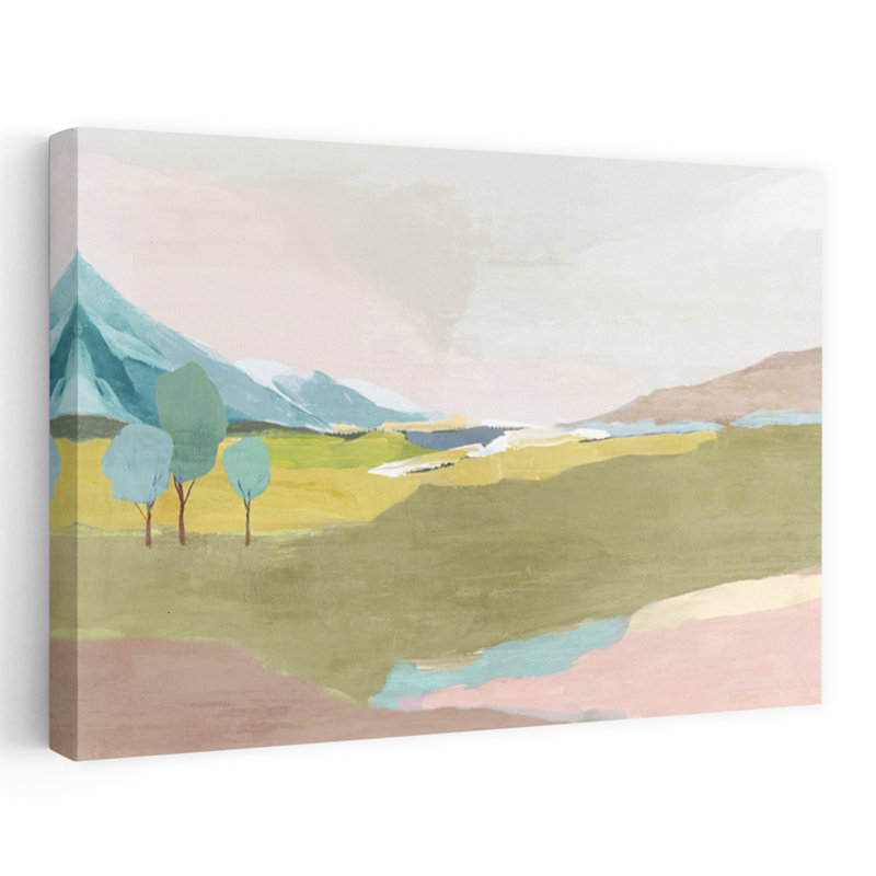 Tranquil Meadow with Distant Mountains Abstract Contemporary Landscape Nature, art mural, H 12 po x l 18 po