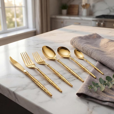 Gold Silverware Set For 4, 24-Piece Stainless Steel Flatware With Hammered Tapered Handle, Mirror Polished, Dishwasher Safe Cutlery Set For Home And Restaurant Dining