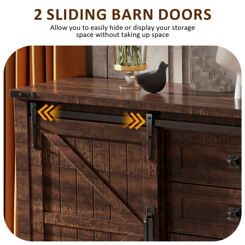 60'' Farmhouse Dresser Chests with 4 Drawers and 2 Cabinets, Brown