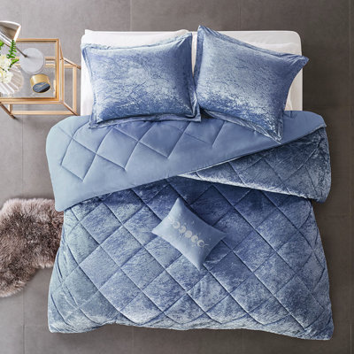Édredon en velours simple / simple TG - Pervenche bleue écrasée avec bourre, édredon, 2 taies décoratives, 1 coussin décoratif, diamant luxueux lavable à la machine