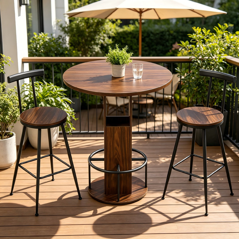 This Walnut Wood Three-Piece Bar Table And Chair Set Features A Round Table With Two Stools And Metal Footrests. It's Compact, Versatile, And Suitable For Small Spaces Such As Dining Rooms, Bars, And Living Rooms.