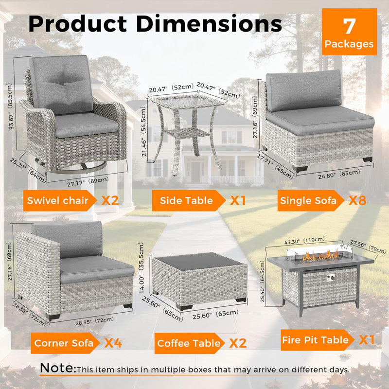 14 - Person Outdoor Wicker Patio Conversation Furniture Set with Fire Pit Table, Gray