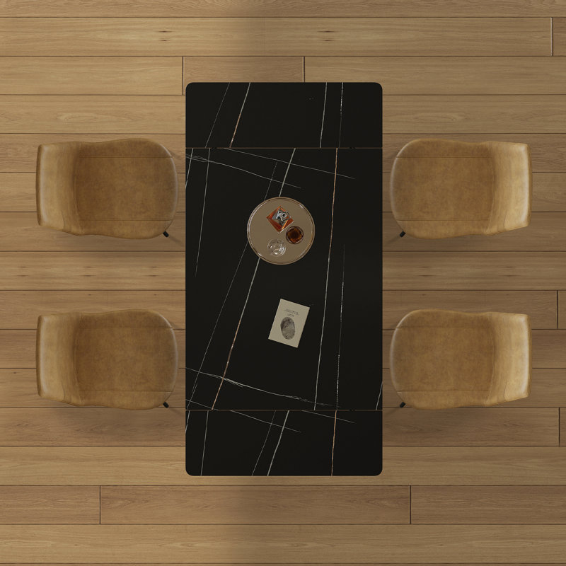 Ensemble de table de salle à manger rétractable en pierre frittée, de conception rectangulaire moderne, avec des pieds de table en acier au carbone noir et une structure à pieds croisés au bas (table + 4 chaises)