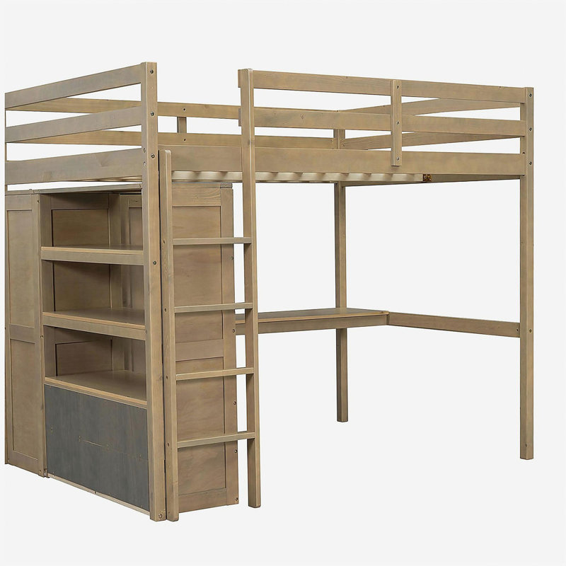 Lit mezzanine en bois pleine grandeur avec garde-robe intégrée, bureau, tablettes de rangement et tiroirs, noyer (ancien SKU: GX000466AAD)