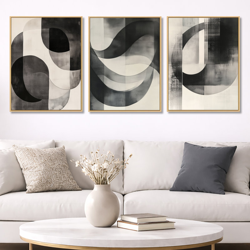 Géométrie noire et blanche Minimal Curves I - Formes abstraites, art mural sur toile, ensemble de 3, H 32 po x l 72 po
