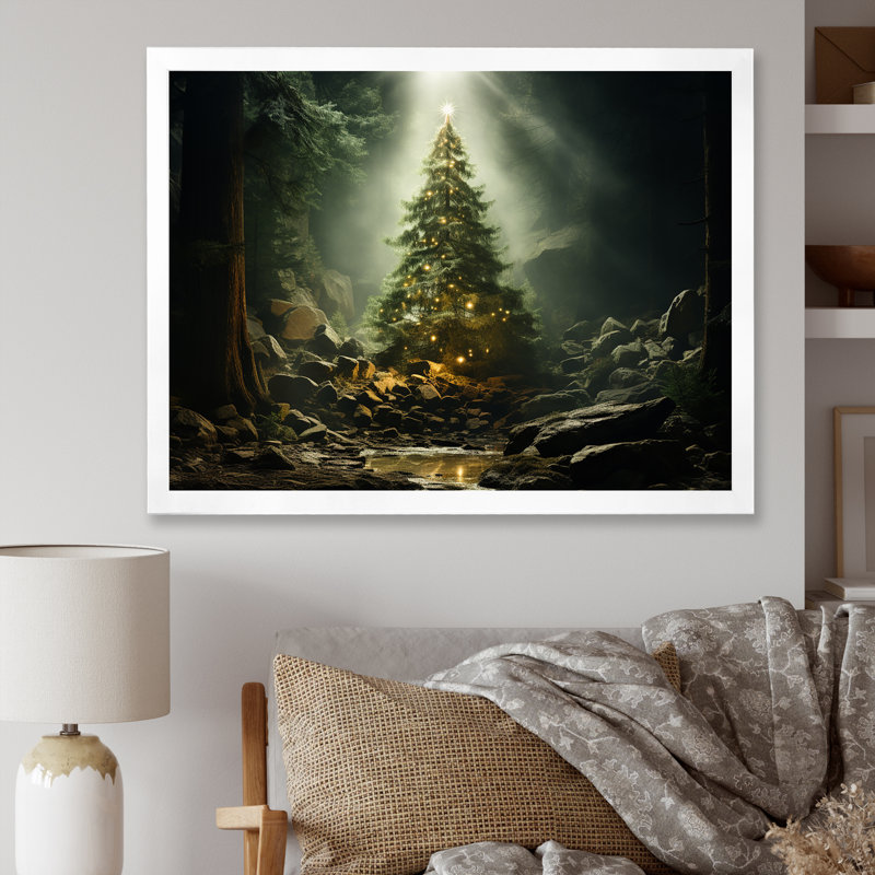 Arbre de Noël vert magique - décoration murale paysage d'hiver, Cadre de coin blanc fermé, H 16 po x l 32 po x P 1 po