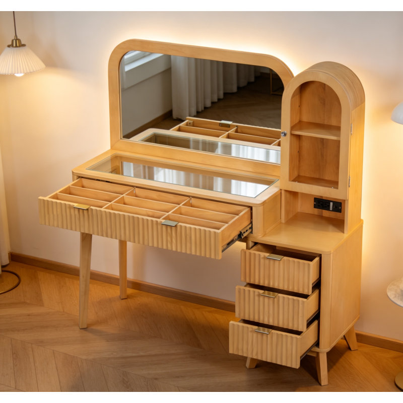 48" Fluted Makeup Vanity Desk With Large 32" Mirror, Modern Glass Top Big Vanity Table With 4 Drawers & Storage Cabinet, Dressing Table Set W/charging Station For Bedroom, Natural
