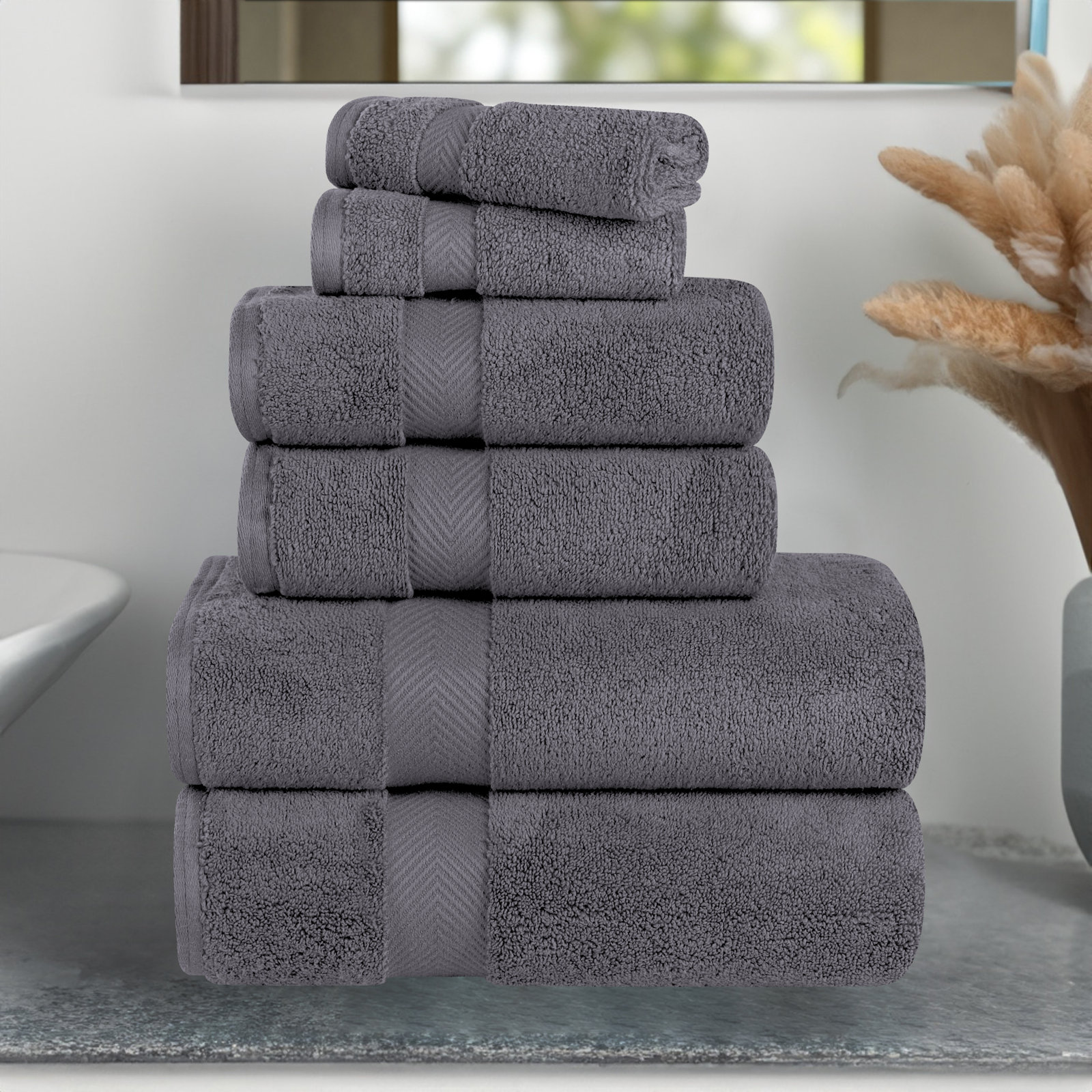 Hamachi 6-Piece Cotton Towel Set, Gray, 6 Piece Towel Set