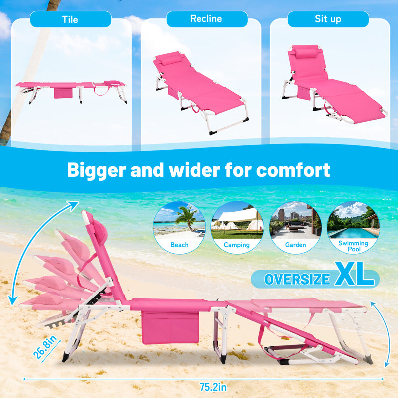 3 - In 1 Heavy Duty Adjustable Folding Chaise Lounge For Outdoor Tanning, Poolside, And Deck. Ergonomic Design, Soft Pad, Removable Pillow. Tanning Chair With 5 Position Face Arm