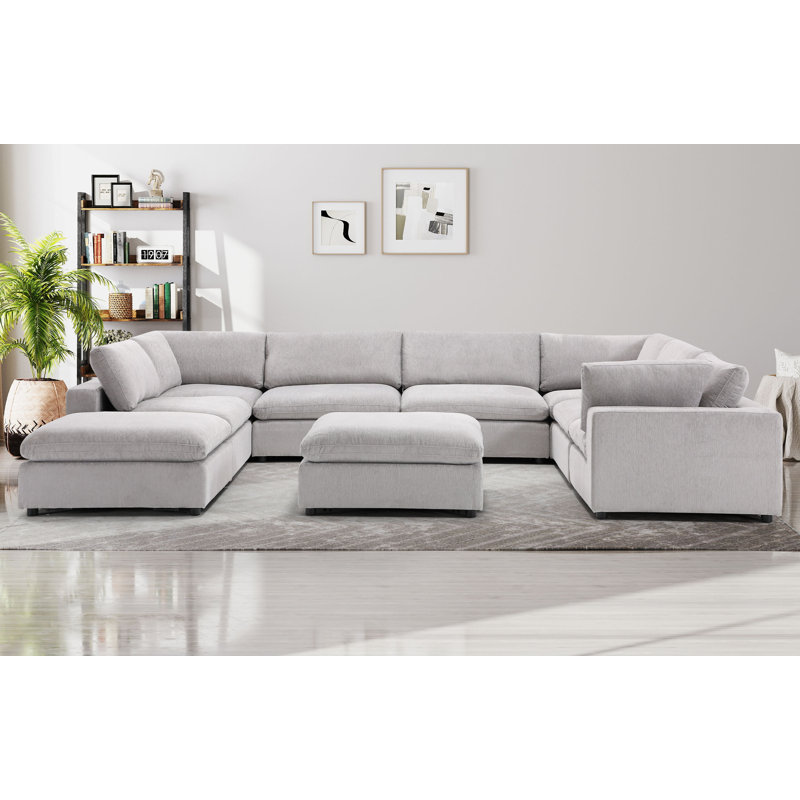 Nuccio 9-Piece Minimalist Modern Soft-Upholstered Sectional With Ottoman, Light Gray Chenille