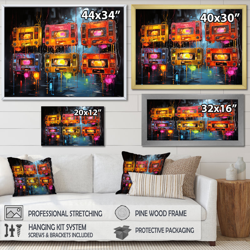 Neon Groove Cassette Tapes I - Cassette Tapes Wall Art, Cadre doré à coins fermés, H 30 po x l 40 po x P 1,5 po