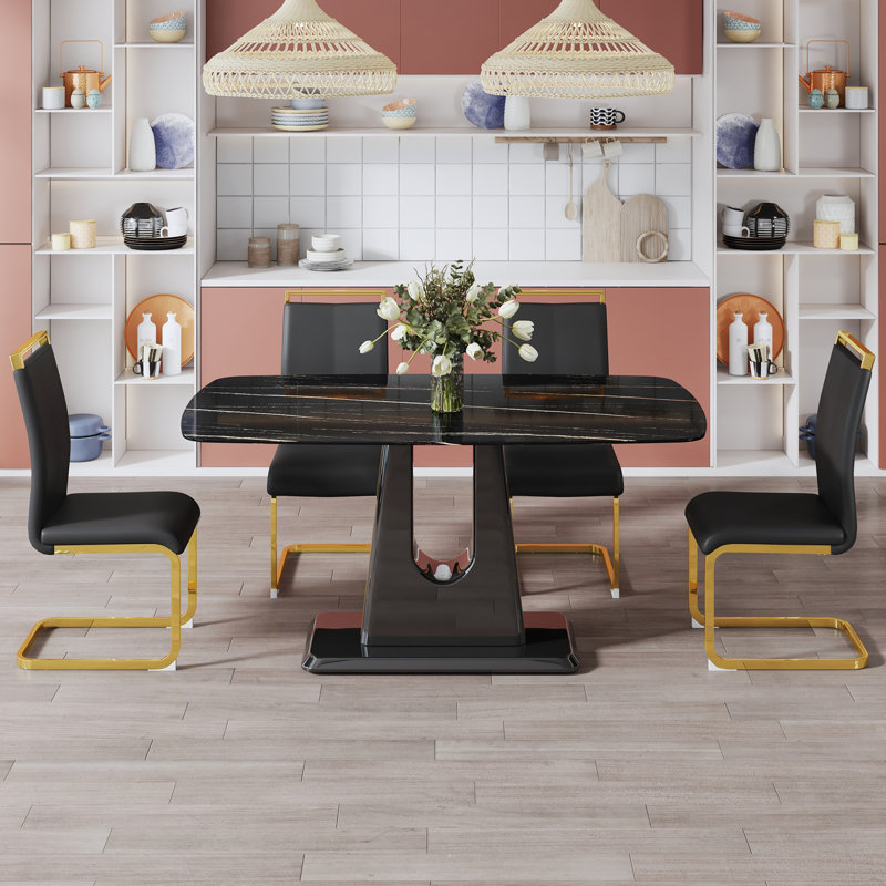 1 table et 4 chaises. Moderne, simple et luxueuse table de salle à manger rectangulaire et bureau avec 4 fauteuils en plaqué de polyuréthane
