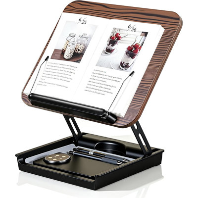 Adjustable Book Stand For Reading - Hands-Free Wooden Cookbook/Recipe Holder With Storage, Ideal Book Stand For Kitchen Counter, Desk & Book Lovers