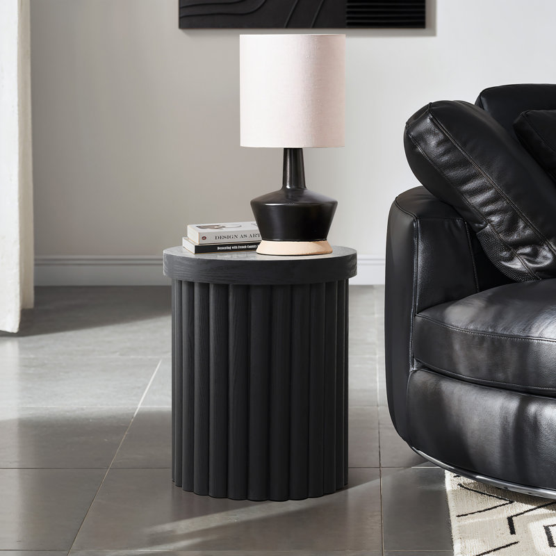 Compact Fluted Round Side Table for Living Room, Natural & Black Finish Options, Black