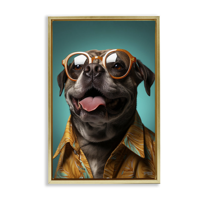 «Fashion Dog Friend», toile flottante encadrée dorée par Roozbeh Bahramali, Cadre flottant métallique doré, H 31 po x l 21 po