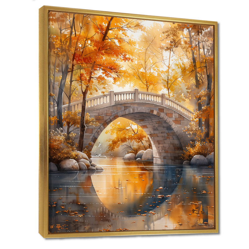 Salon de l'art mural jaune et beige, automne, rivière de beauté II, Cadre flottant doré, H 32 po x l 16 po x P 1 po