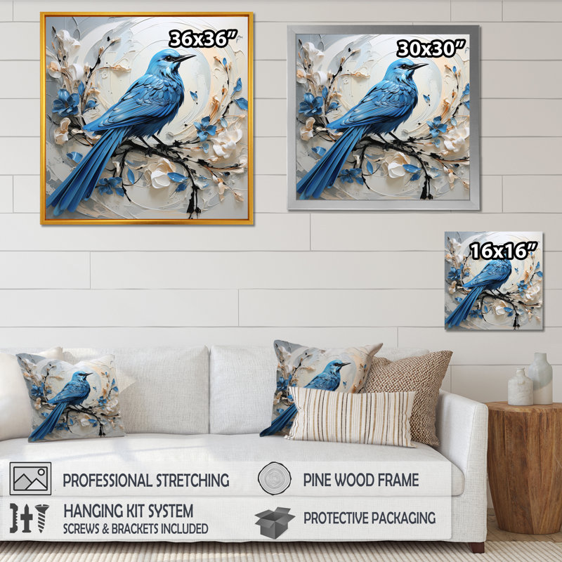 Oiseau bleu minimalisme blanc et fleurs bleues, H 16 po x l 16 po x P 1 po