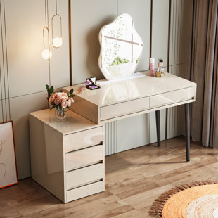 Adjustable Computer Desk with 5 Drawers, Modern Home Office Desk with High Glossy Finished
